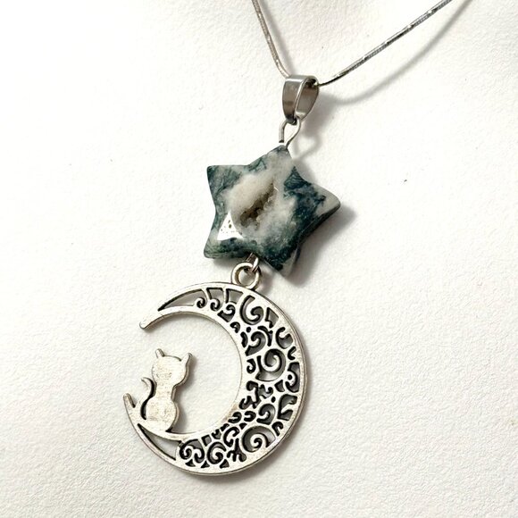 2/$20, Genuine White Green Tree Agate Star & Silver Cat on the Moon Pendant - Picture 6 of 11